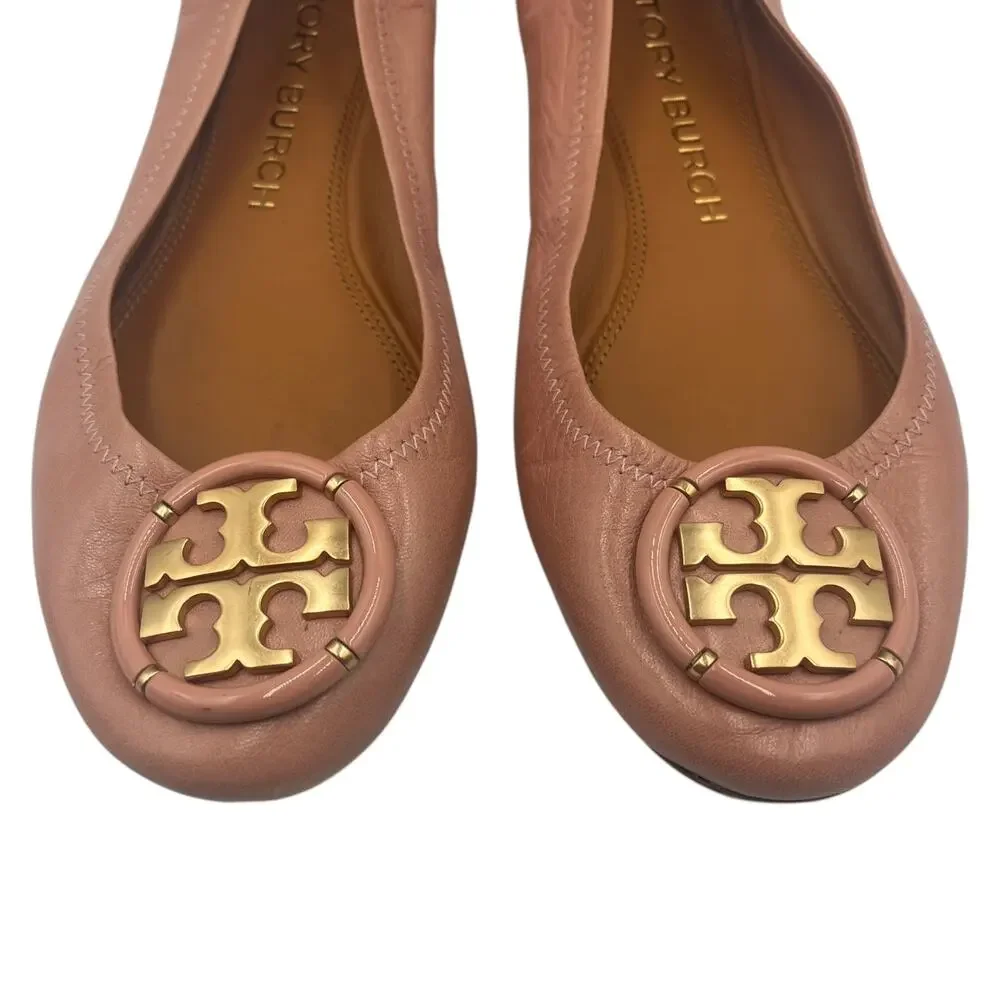 Tory Burch Ballet Flats Shoes Multi Logo Leather Elastic Collar Pink Size 9